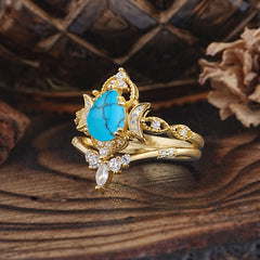 Elegant 5 Prong Pear-Cut Turquoise Engagement Ring Set
