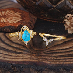 Elegant 5 Prong Pear-Cut Turquoise Engagement Ring Set