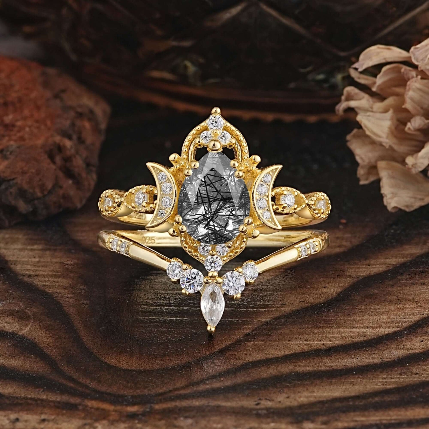 Elegant 5 Prong Pear-Cut Black Rutilated Quartz Bridal Ring Set