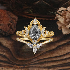 Elegant 5 Prong Pear-Cut Black Rutilated Quartz Engagement Ring Set