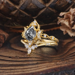 Elegant 5 Prong Pear-Cut Black Rutilated Quartz Engagement Ring Set