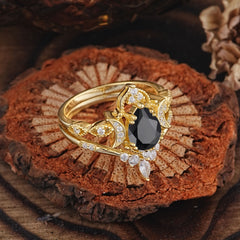 Elegant 5 Prong Pear-Cut Black Onyx Engagement Ring Set