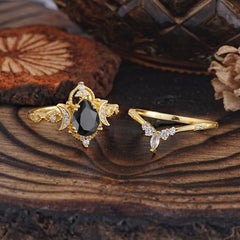 Elegant 5 Prong Pear-Cut Black Onyx Engagement Ring Set