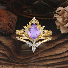 Elegant 5 Prong Pear-Cut Amethyst Engagement Ring Set