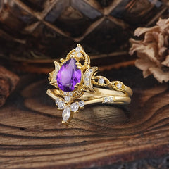 Elegant 5 Prong Pear-Cut Amethyst Engagement Ring Set
