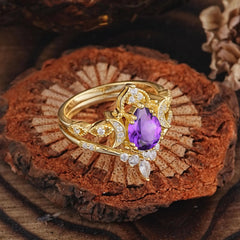 Elegant 5 Prong Pear-Cut Amethyst Engagement Ring Set