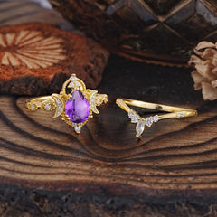 Elegant 5 Prong Pear-Cut Amethyst Engagement Ring Set