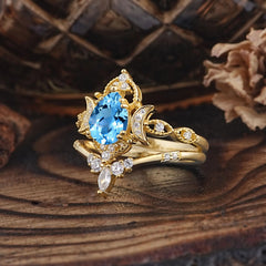 Elegant 5 Prong Pear-Cut Aquamarine Engagement Ring Set