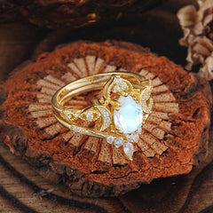 Elegant 5 Prong Pear-Cut Moonstone Engagement Ring Set