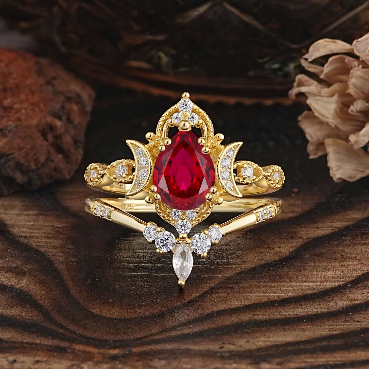 Elegant 5 Prong Pear-Cut Ruby Bridal Ring Set