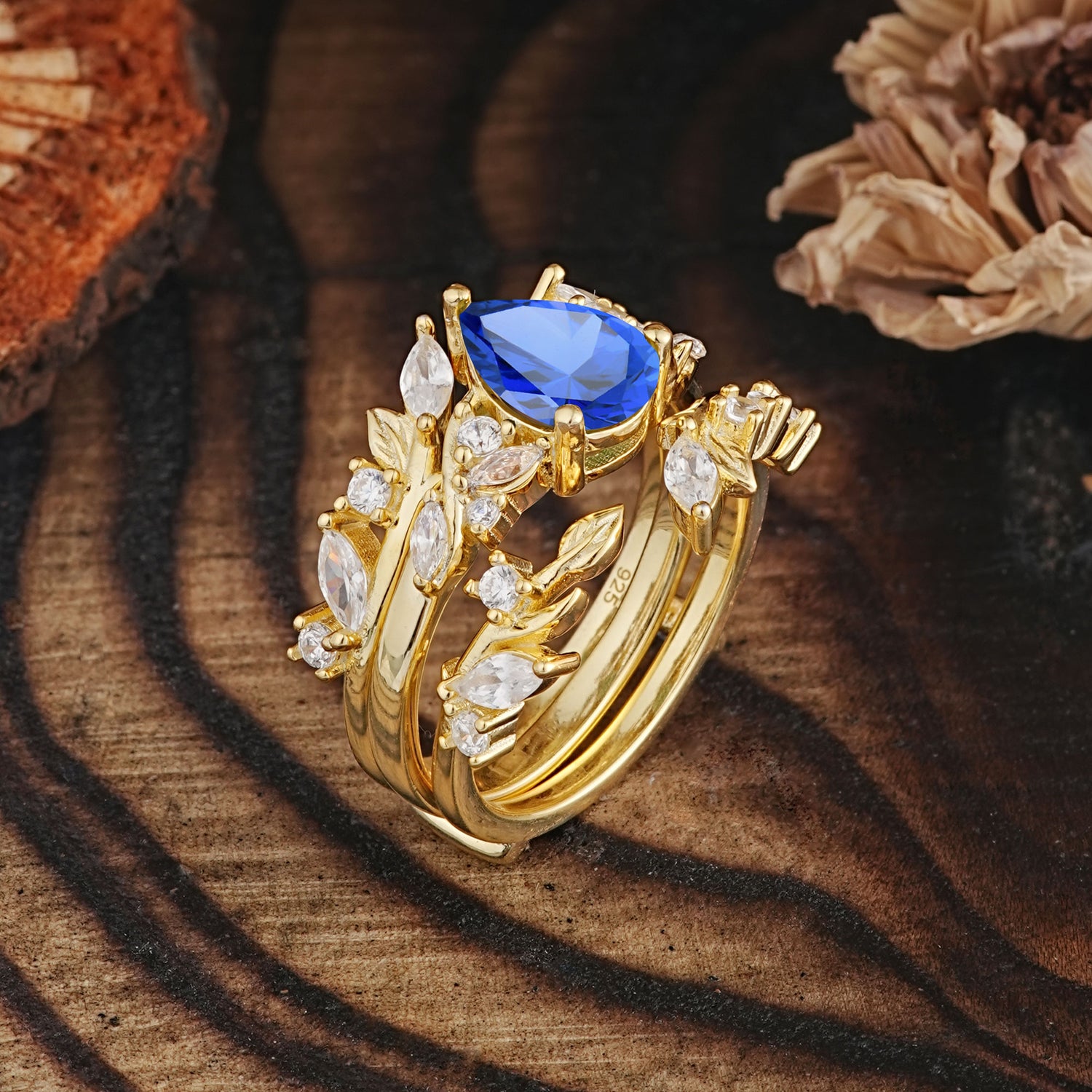 Vintage Leaf Branch Pear Cut Sapphire Bridal Ring Set