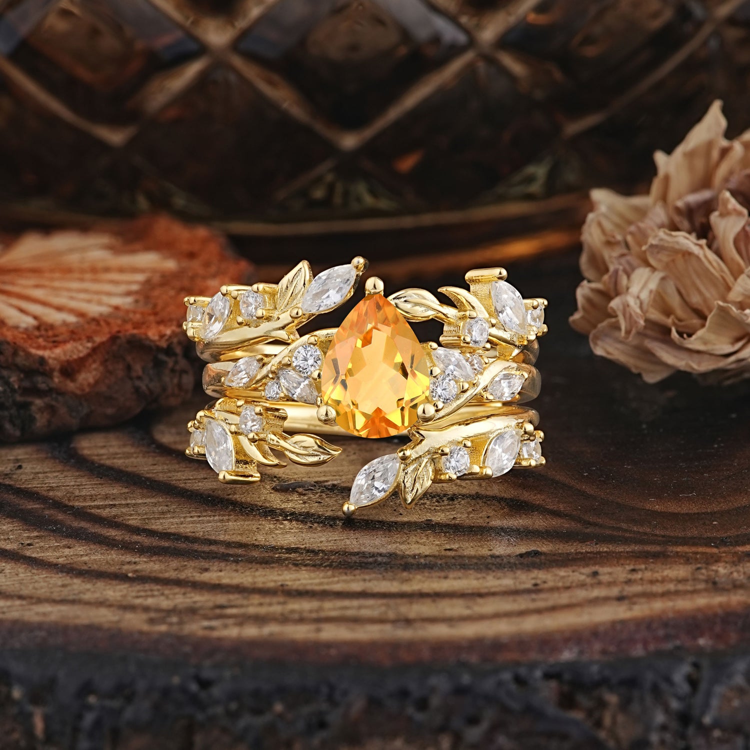 Vintage Leaf Branch Pear Cut Citrine Bridal Ring Set