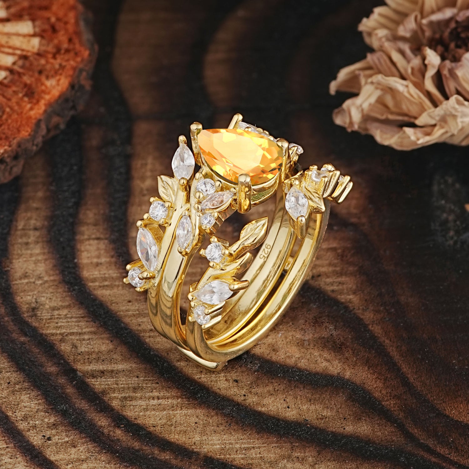 Vintage Leaf Branch Pear Cut Citrine Bridal Ring Set