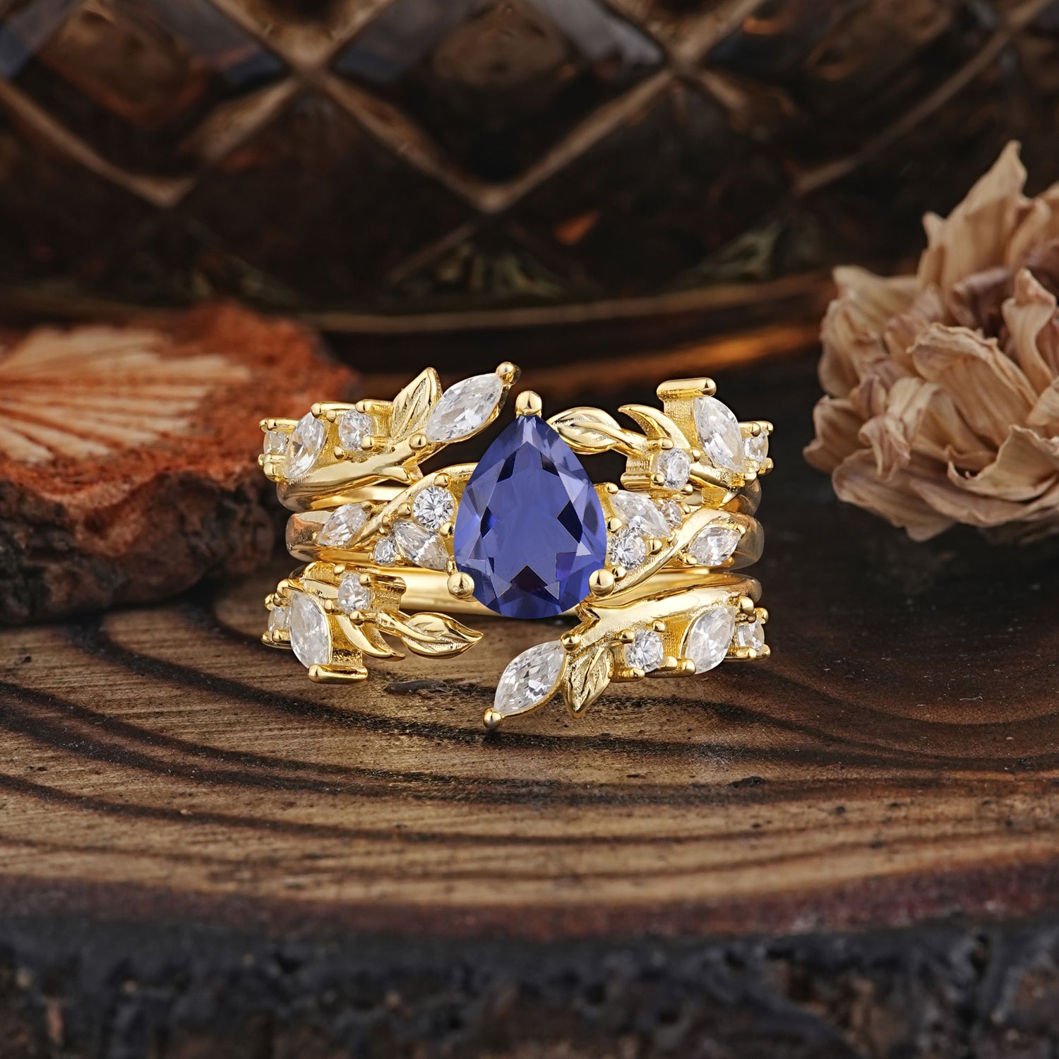 Vintage Leaf Branch Pear Cut Tanzanite Bridal Ring Set