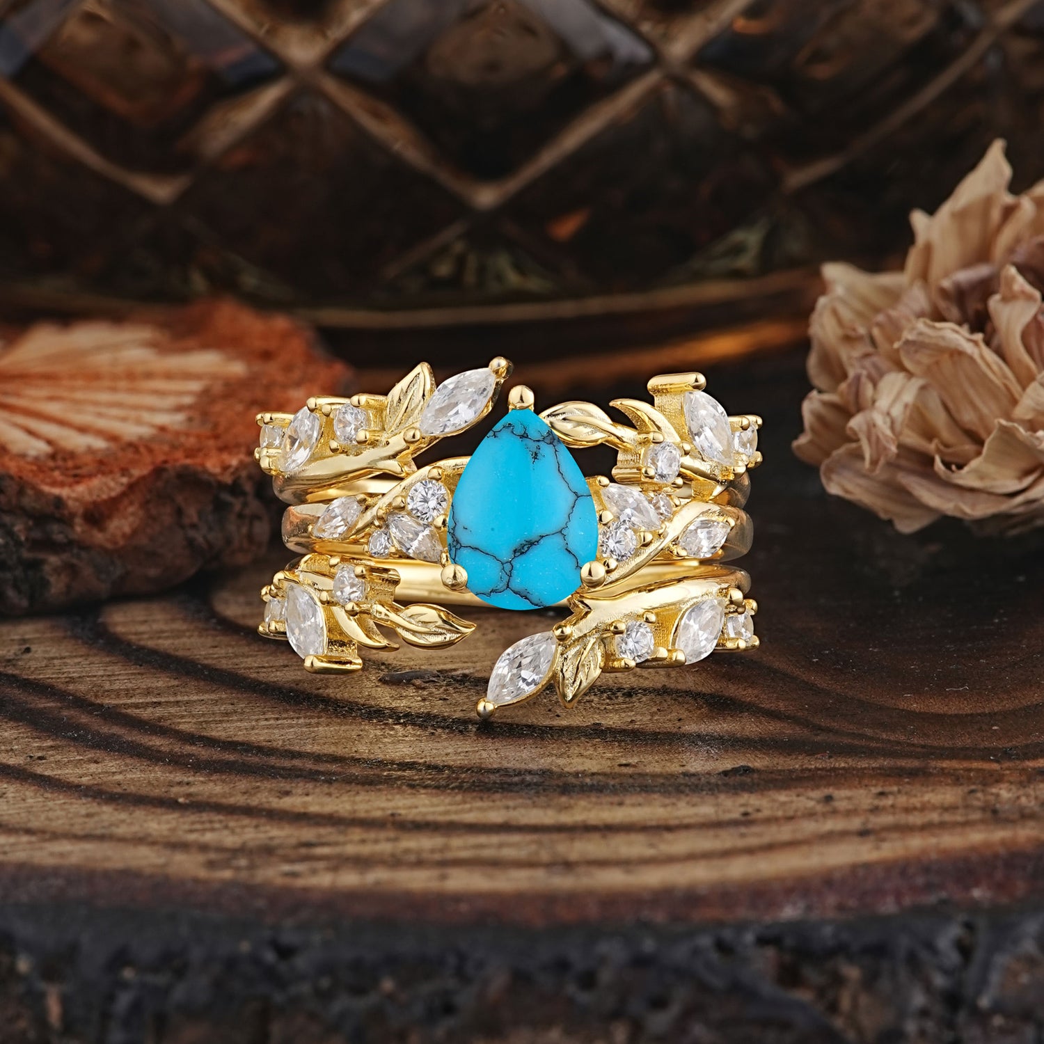 Vintage Leaf Branch Pear Cut Turquoise Bridal Ring Set