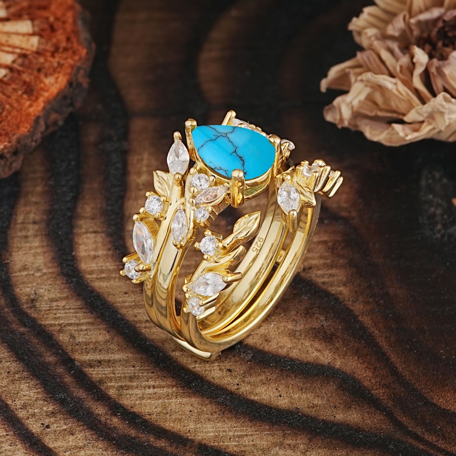 Vintage Leaf Branch Pear Cut Turquoise Bridal Ring Set