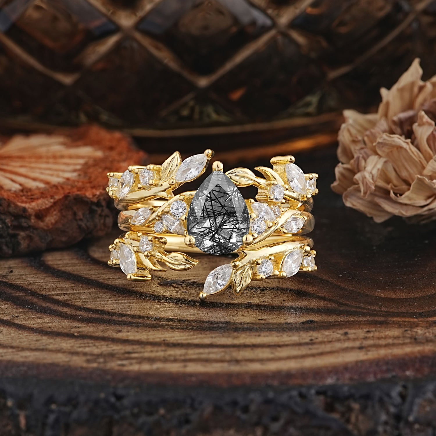 Vintage Leaf Branch Pear Cut Black Rutilated Quartz Bridal Ring Set