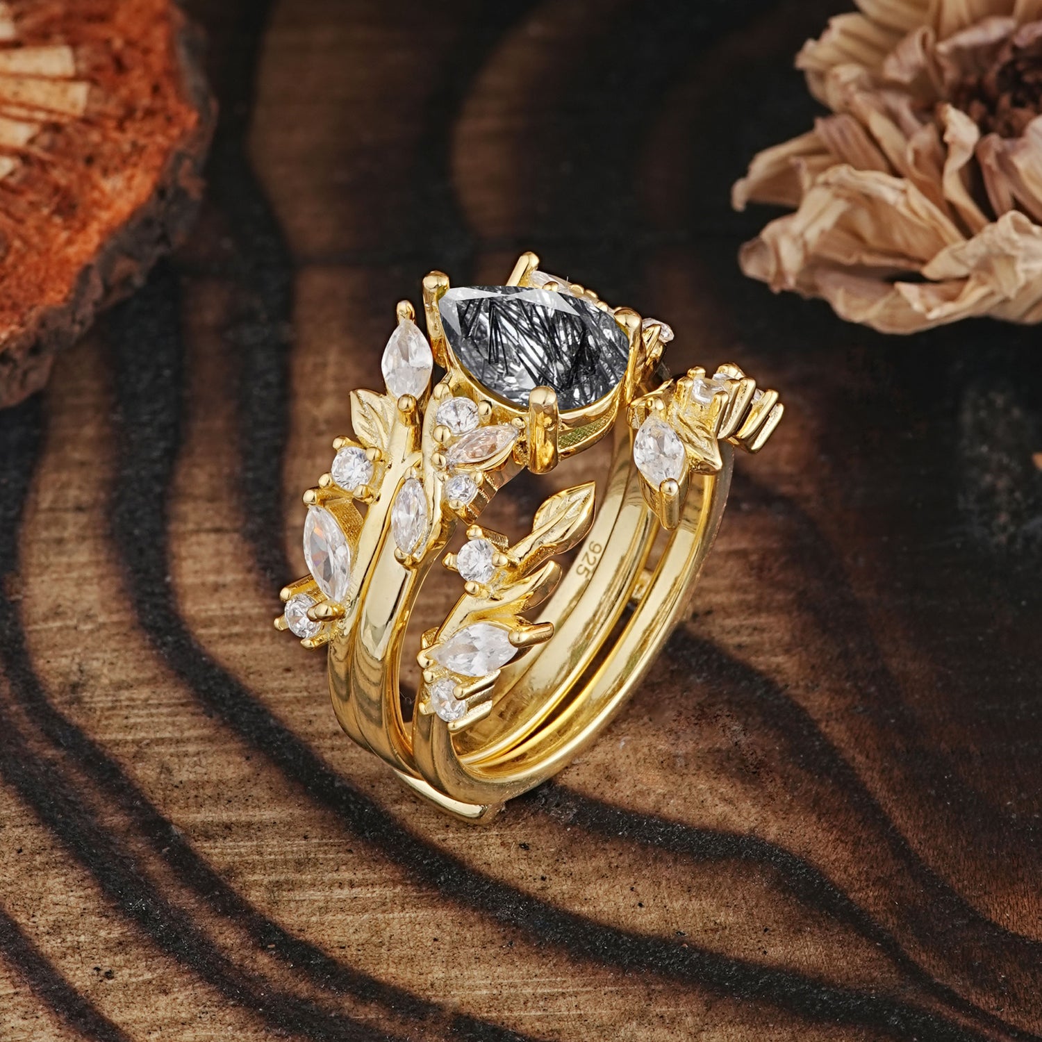 Vintage Leaf Branch Pear Cut Black Rutilated Quartz Bridal Ring Set