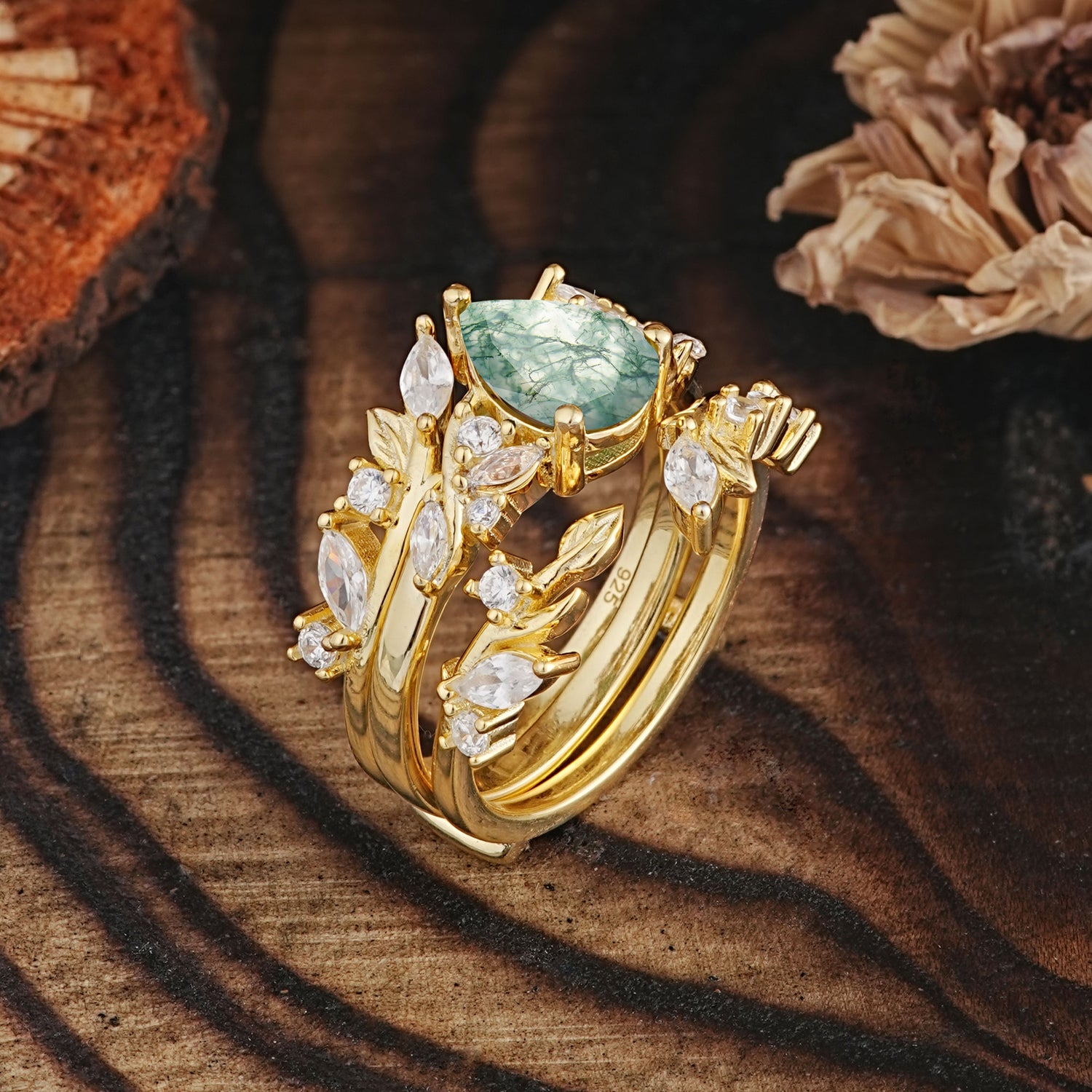Vintage Leaf Branch Pear Cut Moss Agate Bridal Ring Set