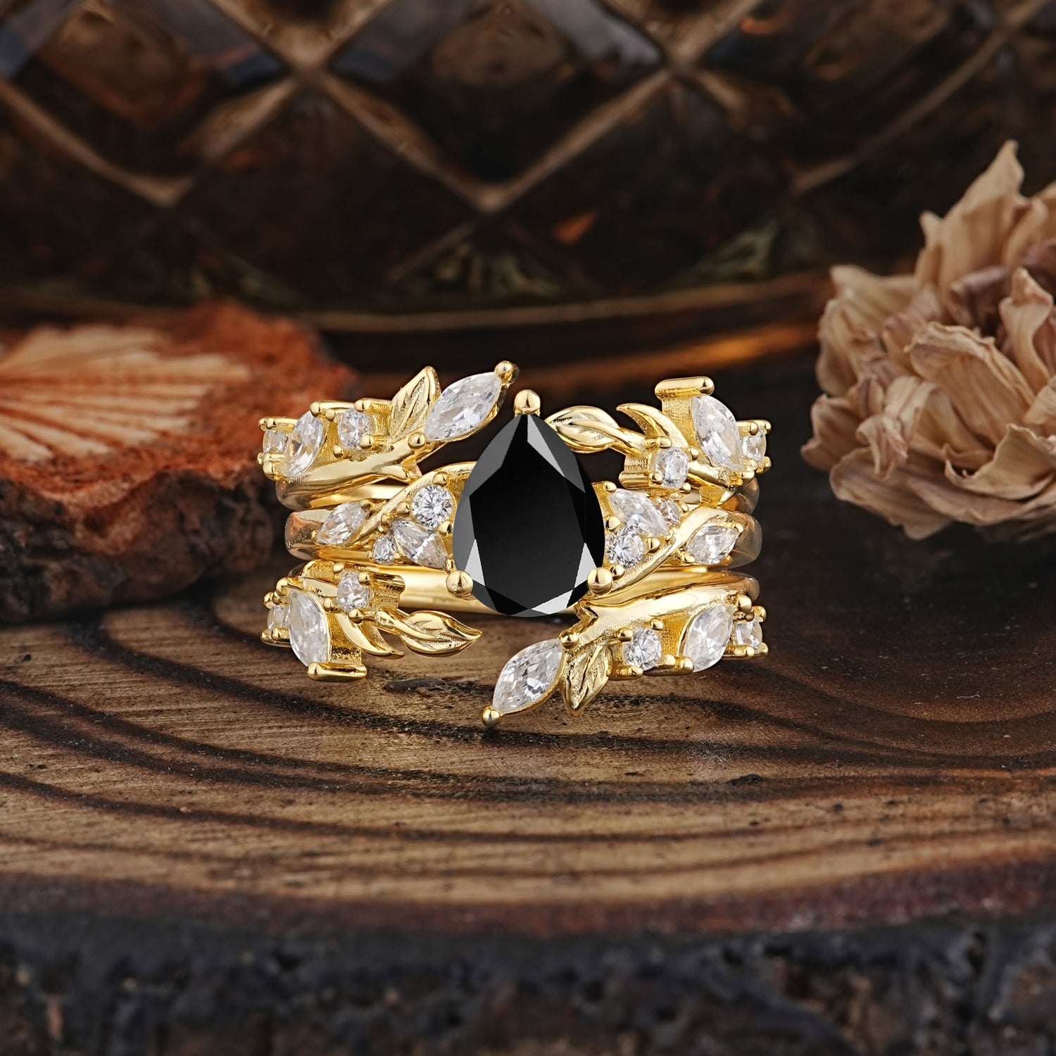Vintage Leaf Branch Pear Cut Black Onyx Bridal Ring Set