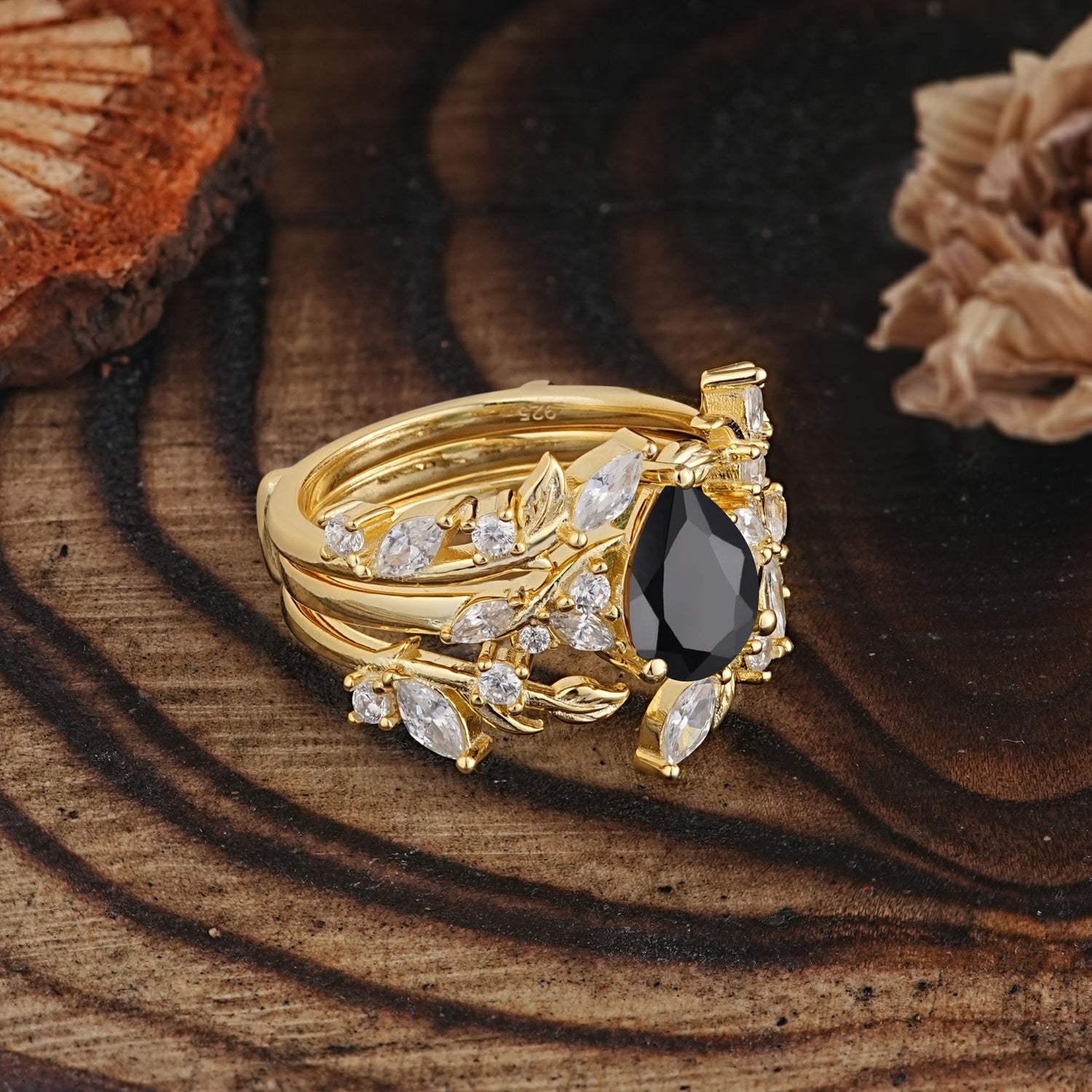 Vintage Leaf Branch Pear Cut Black Onyx Bridal Ring Set