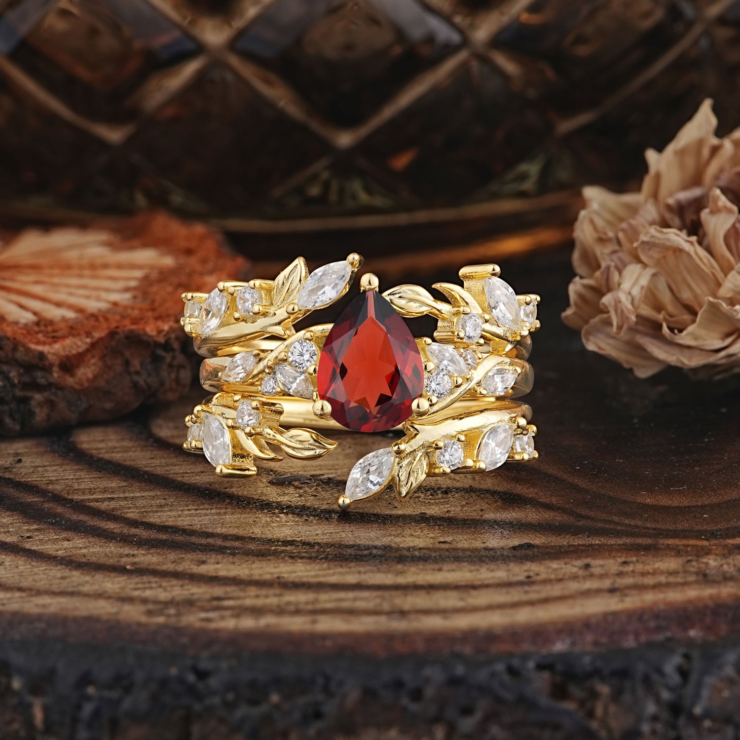 Vintage Leaf Branch Pear Cut Garnet Bridal Ring Set
