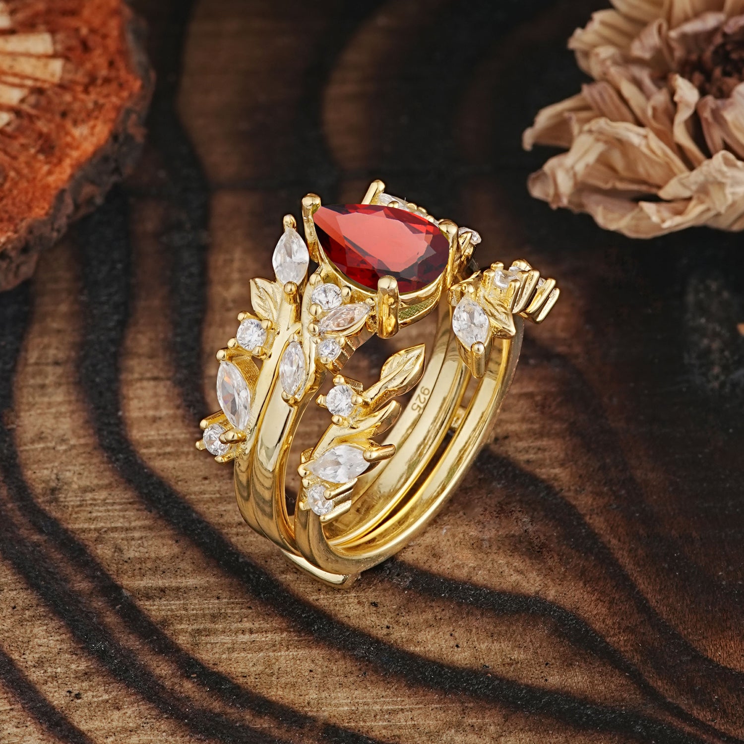 Vintage Leaf Branch Pear Cut Garnet Bridal Ring Set