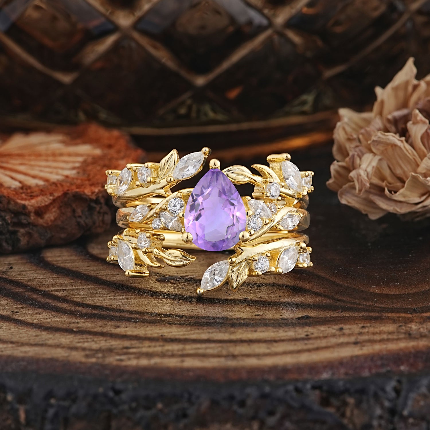 Vintage Leaf Branch Pear Cut Amethyst Bridal Ring Set