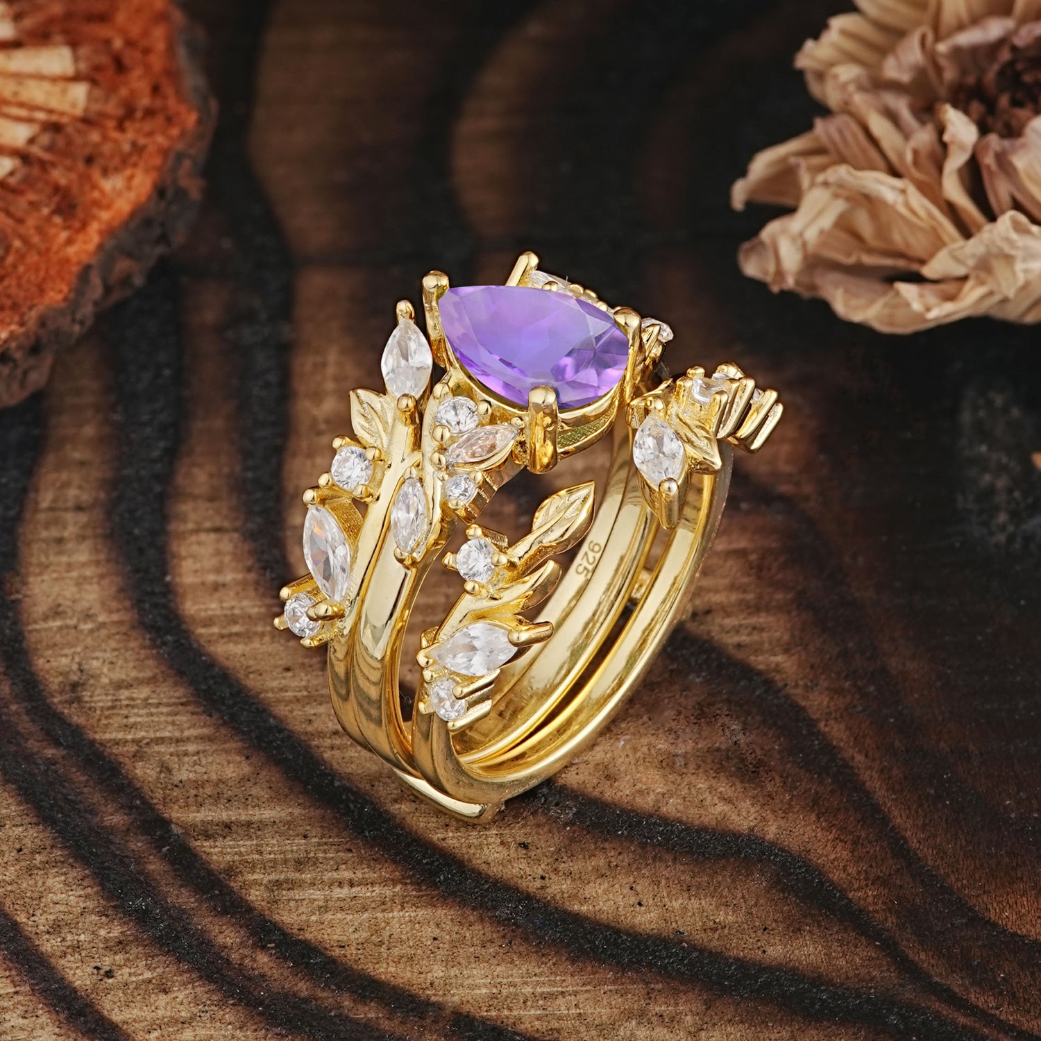 Vintage Leaf Branch Pear Cut Amethyst Bridal Ring Set