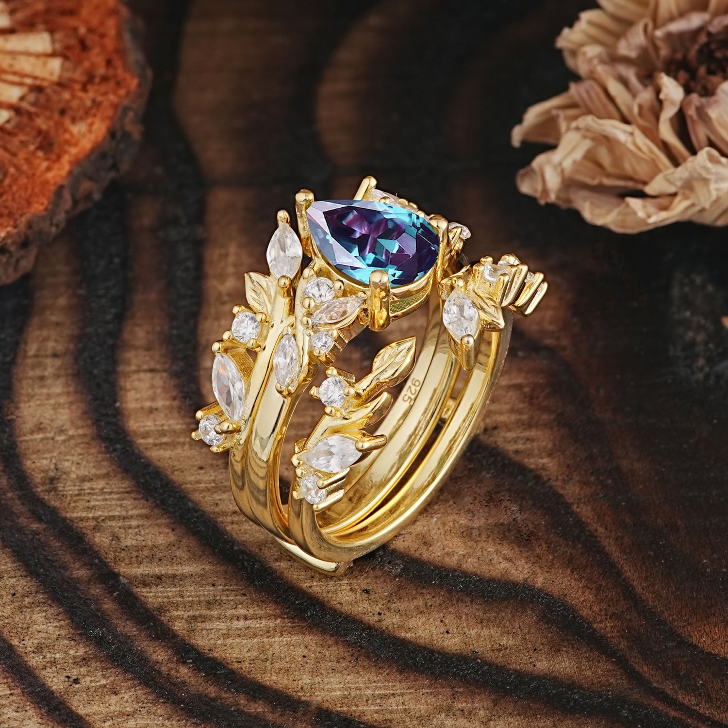 Vintage Leaf Branch Pear Cut Alexandrite Bridal Ring Set