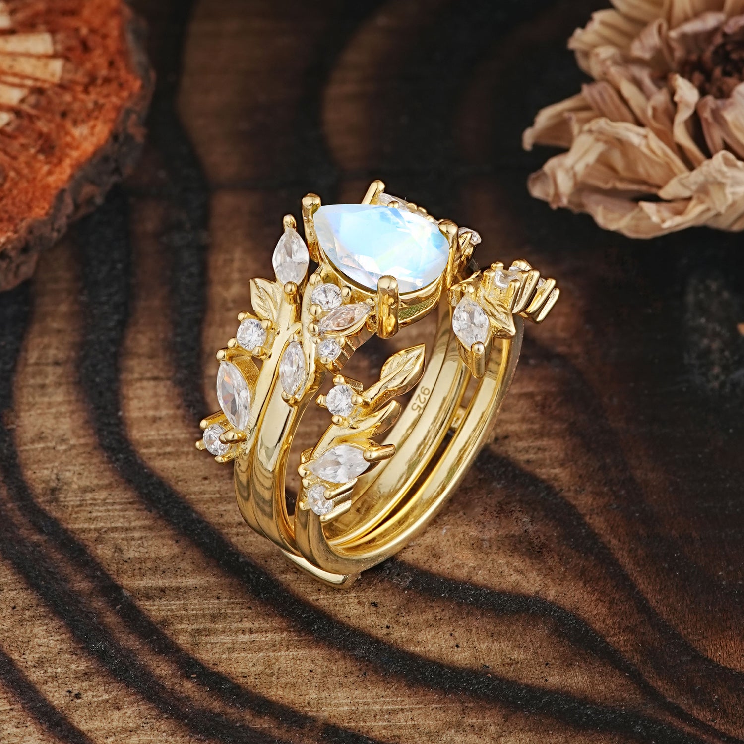 Vintage Leaf Branch Pear Cut Moonstone Bridal Ring Set