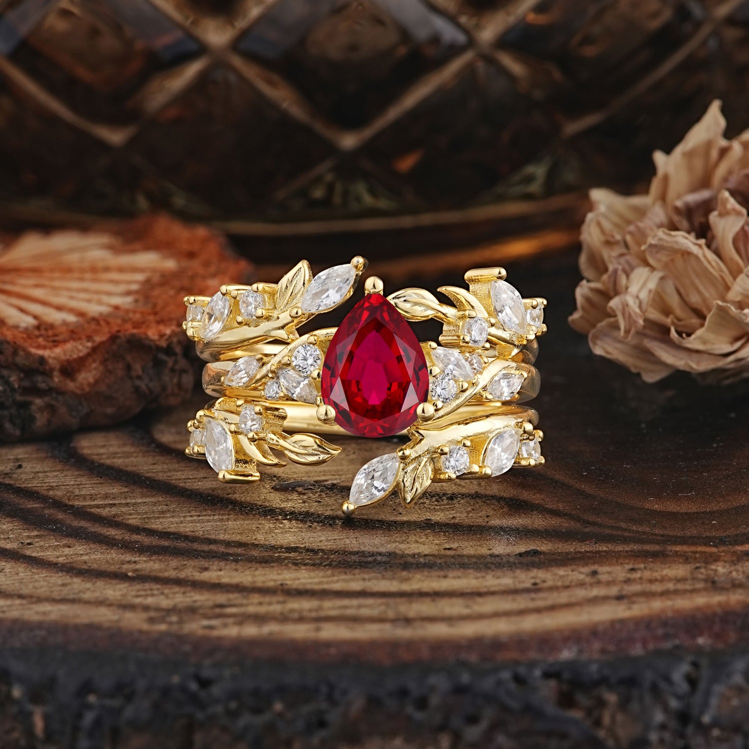 Vintage Leaf Branch Pear Cut Ruby Bridal Ring Set