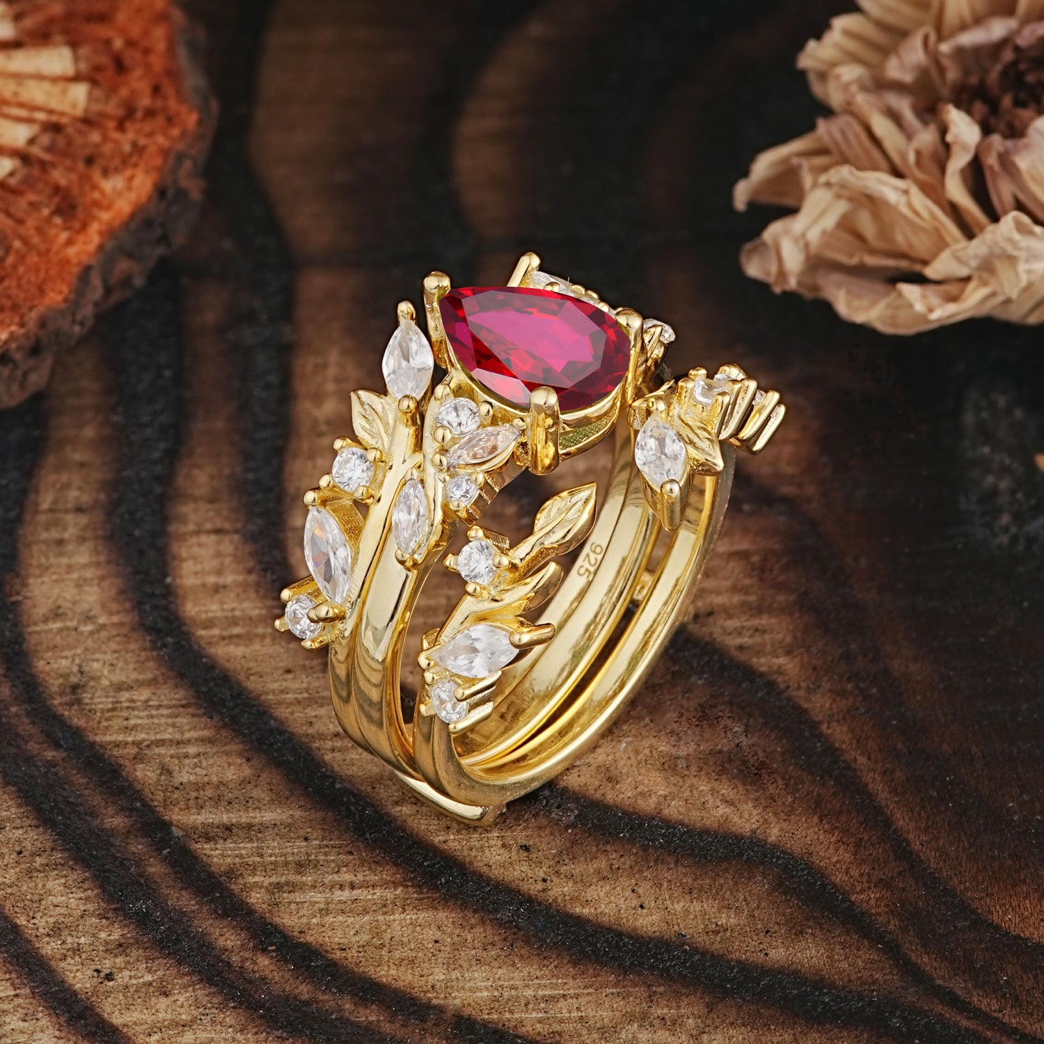 Vintage Leaf Branch Pear Cut Ruby Bridal Ring Set
