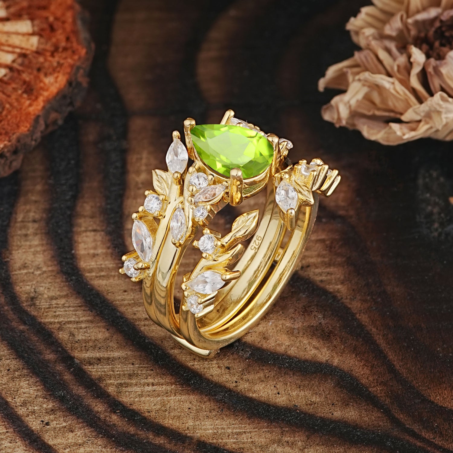 Vintage Leaf Branch Pear Cut Peridot Bridal Ring Set