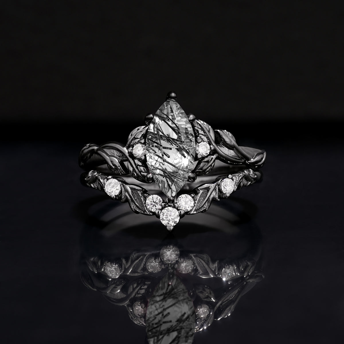 Dark Romantic Marquise Nature-Inspired Leaf Bridal Ring Set