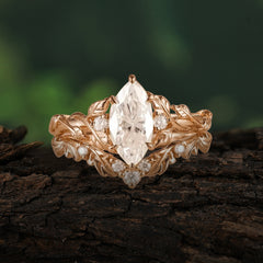 Nature-Inspired Marquise Moissanite Engagement Ring Set with Vine Motif