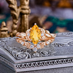 Nature-Inspired 6 Prong Marquise Citrine Engagement Ring Set with Vine Motif