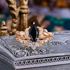 Nature-Inspired 6 Prong Marquise Black Onyx Engagement Ring Set with Vine Motif