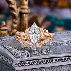 Nature-Inspired 6 Prong Marquise Lab Diamond Engagement Ring Set with Vine Motif