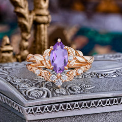 Nature-Inspired 6 Prong Marquise Natural Amethyst Engagement Ring Set with Vine Motif