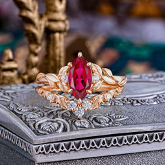 Nature-Inspired 6 Prong Marquise Ruby Engagement Ring Set with Vine Motif