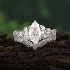 Nature-Inspired Marquise Moissanite Engagement Ring Set with Vine Motif
