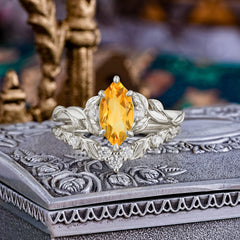 Nature-Inspired 6 Prong Marquise Citrine Engagement Ring Set with Vine Motif