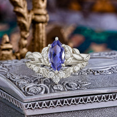Nature-Inspired 6 Prong Marquise Tanzanite Engagement Ring Set with Vine Motif