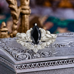 Nature-Inspired 6 Prong Marquise Black Onyx Engagement Ring Set with Vine Motif