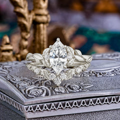 Nature-Inspired 6 Prong Marquise Lab Diamond Engagement Ring Set with Vine Motif