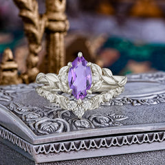 Nature-Inspired 6 Prong Marquise Natural Amethyst Engagement Ring Set with Vine Motif