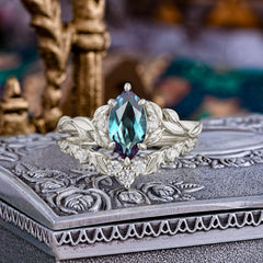 Nature-Inspired 6 Prong Marquise Alexandrite Engagement Ring Set with Vine Motif