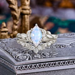 Nature-Inspired 6 Prong Marquise Moonstone Engagement Ring Set with Vine Motif