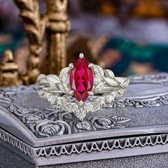 Nature-Inspired 6 Prong Marquise Ruby Engagement Ring Set with Vine Motif